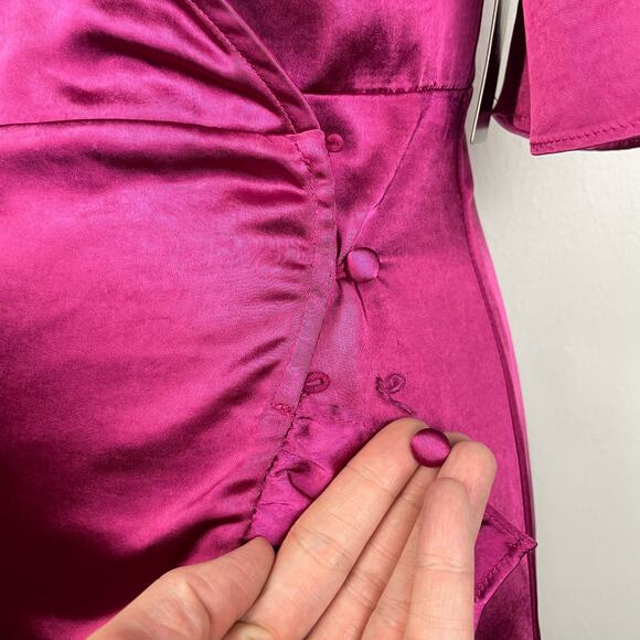 Lulu’s | NWT Magenta Ready for Romance Mini Satin Wrap Dress *RE-ATTACH BUTTONS* - Picture 8 of 12